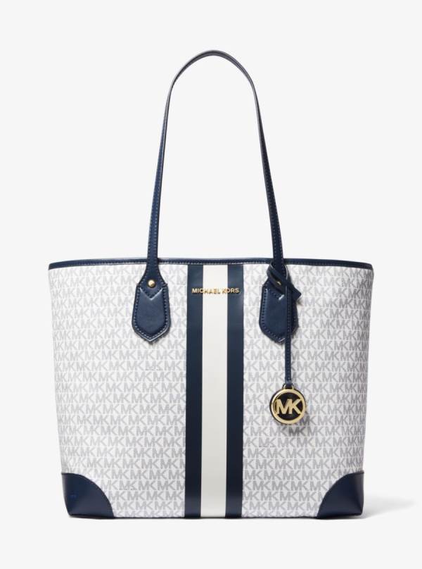 Damske Prenosná Taška Michael Kors Eva Large Logo Stripe Biele Námornícka Modrá - Kabelky Michael Kors Nejlevnejsi | OCBZY-5407